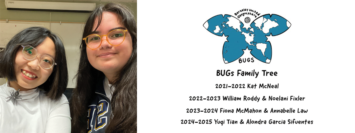 BUGs Co-Presidents, Yuqi and Alondra, smiling at the camera and a list of past BUGs co-presidents